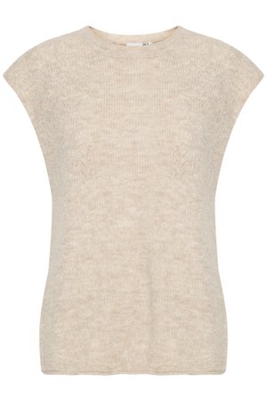 Beige strikkegenser med cap sleeves, rund utringning og myk tekstur. Har subtile mønstre, litt avslappet passform og ingen synlig maskinvare.