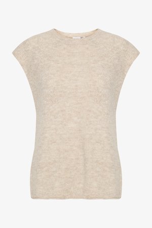 Béžový pletený svetr s rukávy do půli, kulatým výstřihem a měkkou strukturou. Disponuje jemným vzorem, mírně uvolněným střihem a bez viditelného kování.