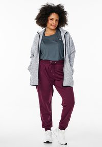 Gray fleece zip-up jacket over a dark green shirt, paired with burgundy joggers. White sneakers complete the athletic ensemble.