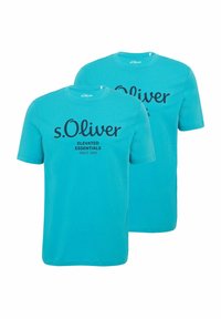 Turquoise cotton T-shirts featuring short sleeves and round necklines. Graphic text in black reads "s.Oliver Elevated Essentials Since 1969."
