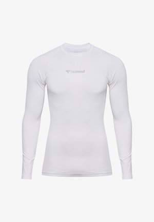 Vit långärmad atletisk tröja som är gjord av ett glatt, lätt tyg. Har en rund hals och "hummel"-logotypen tryckt i grått på bröstet.