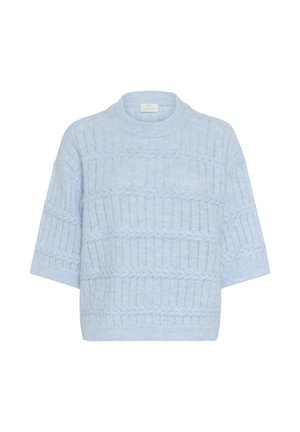 Svetlomodrý pletený sveter s krátkym rukávom, s vrúbkovanými a vzorovanými káblami, s okrúhlym výstrihom.