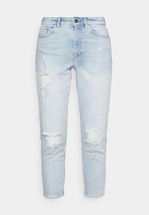 Lichtblauwe denim jeans met gescheurde details op beide benen, knoopsluiting en standaard vijfzakkenstijl.