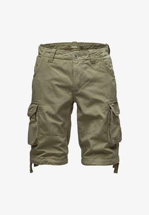 Olive green cargo shorts made from cotton, featuring two side pockets and adjustable drawstrings at the hem, offering a relaxed fit.