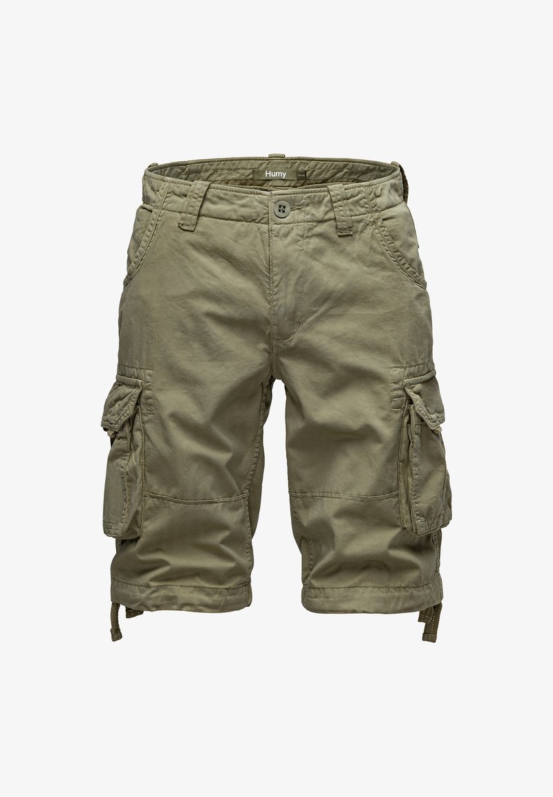 Olivegrüne Cargo-Shorts aus Baumwolle, mit zwei Seitentaschen und verstellbaren Kordeln am Saum, die eine lässige Passform bieten.