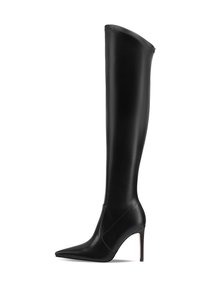 Stivali in pelle nera al ginocchio con punta affilata e tacco a stiletto. Texture liscia, design aderente e costruzione senza cuciture senza hardware visibile.