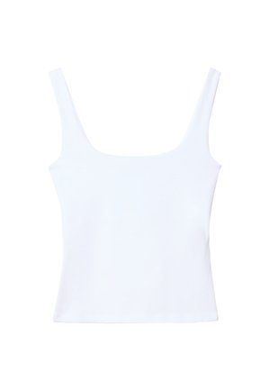 Vit linne med fyrkantig halsringning, breda axelremmar och en åtsittande kropp. Tillverkat av ett mjukt, elastiskt tyg för komfort.