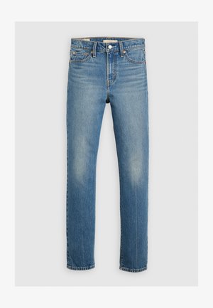 Jeans in denim blu chiaro con taglio dritto, leggere sfumature, e design classico a cinque tasche. Cuciture a contrasto lungo le cuciture.
