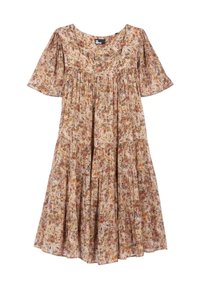Vestido floral de tela marrón claro con mangas cortas, corpiño fruncido, falda en capas y un patr�ón floral multicolor.