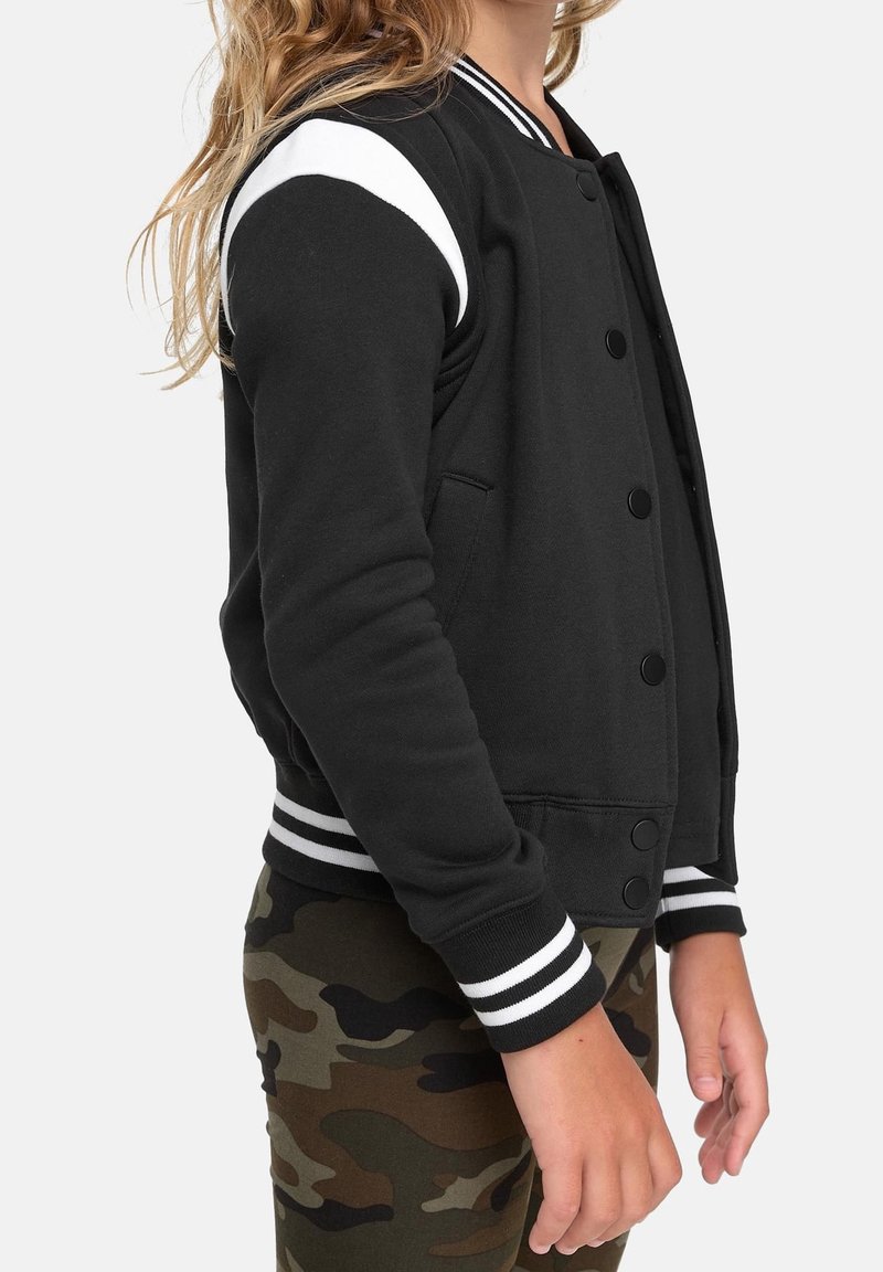 Veste varsity noire avec des rayures blanches sur les épaules, fermeture à boutons, poignets et taille côtelés ; associée à des leggings à motif camouflage.