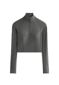 Sivý, dlhý rukáv cropped top s vysokým golierom a štvrťovým zipsom. Má rebrovanú textúru a kontúrované panely na pleciach a bokoch.