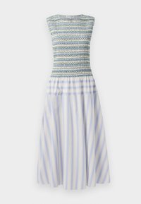 Šaty s prešitou korunkou a modro-zeleným stehom, prechádzajúce do rozšírenej sukne s modro-bielymi pruhmi. Bez rukávov.