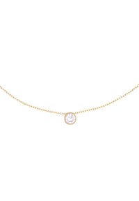 Gold necklace featuring a round clear stone pendant, set in a bezelled mounting, attached to a delicate chain with small links.