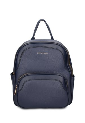 Zaino in pelle blu navy con due scomparti con cerniera e manico superiore, con logo "pierre cardin" in lettere dorate.