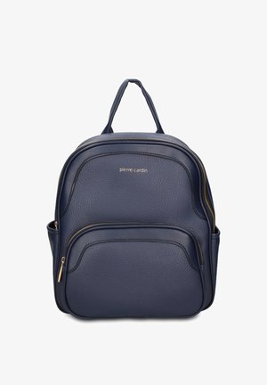 Zaino in pelle blu navy con due scomparti con cerniera e manico superiore, con logo "pierre cardin" in lettere dorate.