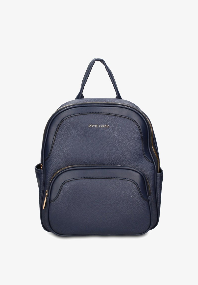 Sac à dos en cuir bleu marine avec deux compartiments zippés et une poignée supérieure, avec le logo « pierre cardin » en lettres dorées.