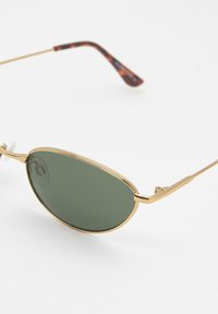 Ovaaliset aurinkolasit, joissa on vihreät linssit, kultainen metallikehys ja kilpikonnakuosiset templet. Varustettu säädettävillä nenätyynyillä mukavuutta varten.