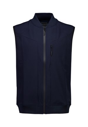 Herren ärmellose Weste in Marineblau mit Reißverschluss, hohem Kragen und Reißverschlusstasche auf der Brust, aus glattem, leichtem Stoff.