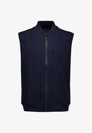 Herrevest i mørkeblå med lynlås, uden ærmer, høj krave og lynlåslomme på brystet, lavet af glat, let stof.