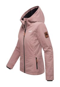 Light pink jacket with a hood, front zip closure, side pockets, and black accents. Features a logo on the chest and a textured arm patch.