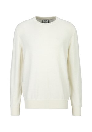 Weißer Pullover mit langen Ärmeln und Rundhalsausschnitt, mit gerippten Bündchen und Bund, mit kleinem besticktem Logo auf der linken Brust.
