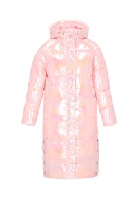 Długa, błyszcząca, jasnoróżowa puchowa kurtka z kapturem, zamkiem z przodu, bocznymi kieszeniami i zatrzaskami na dolnych bokach.