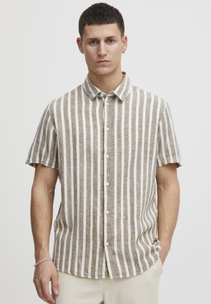 Lightweight short-sleeve shirt in brown and white stripes, featuring a button front, collar, and soft texture.