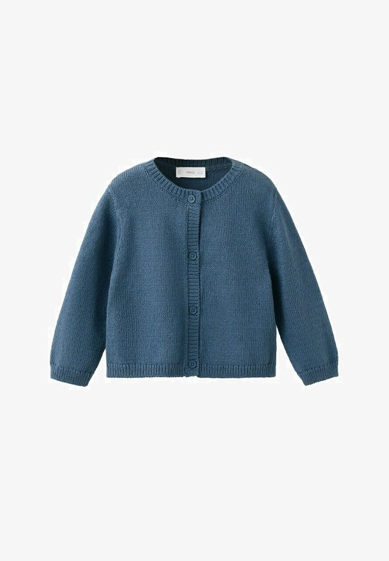 Cardigan bleu tricoté à manches longues avec boutons, bordures côtelées aux poignets, à l'ourlet et à l'encolure, présenté sur un fond blanc.