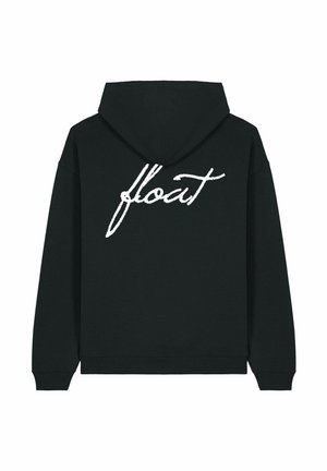 Hoodie noir avec un texte blanc en style manuscrit "float" au dos. Fabriqué en tissu doux, avec une coupe décontractée et une capuche à cordon.