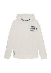 Sweatshirt à capuche blanche avec une poche avant, arborant un texte imprimé noir "THE FIRST DIV." et "INDIAN BLUE JEANS." Cordon de serrage ajustable à la capuche.