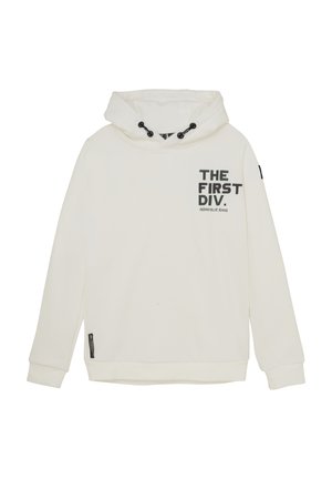 Witte hoodie met een voorvak, voorzien van zwart bedrukte tekst "THE FIRST DIV." en "INDIAN BLUE JEANS." Verstelbare koord in de capuchon.