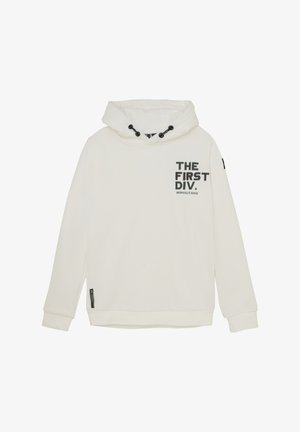 Sweatshirt à capuche blanche avec une poche avant, arborant un texte imprimé noir "THE FIRST DIV." et "INDIAN BLUE JEANS." Cordon de serrage ajustable à la capuche.
