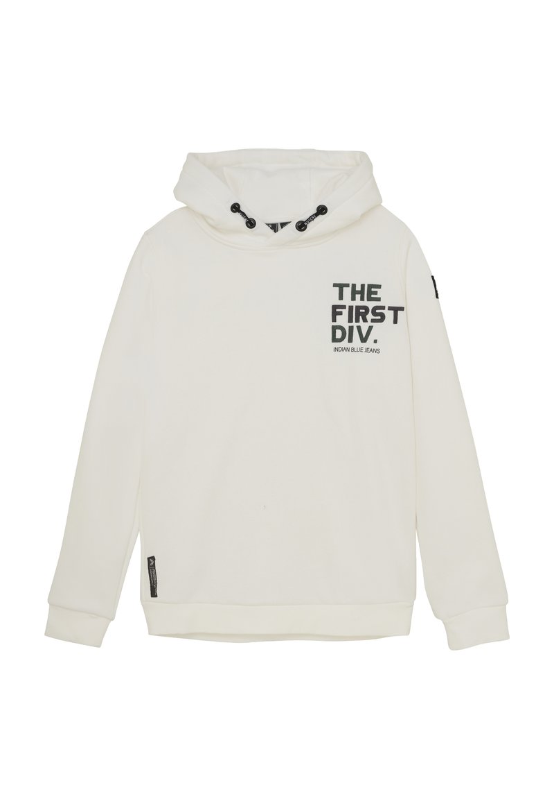 Sweatshirt à capuche blanche avec une poche avant, arborant un texte imprimé noir "THE FIRST DIV." et "INDIAN BLUE JEANS." Cordon de serrage ajustable à la capuche.