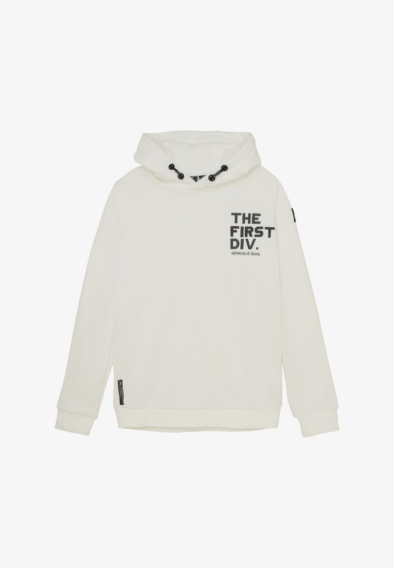 Biała bluza z kapturem i kieszenią z przodu, z czarnym nadrukiem "THE FIRST DIV." oraz "INDIAN BLUE JEANS." Regulowany sznurek w kapturze.