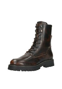 Bruine leren combatlaars met een gestructureerde afwerking, zes metalen veterogen en een robuuste zwarte rubberen zool. Bevat stiksels op de zijkanten.