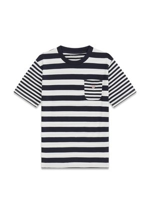 Zwart-wit gestreept T-shirt met korte mouwen, met horizontale strepen op het lichaam en verticale strepen op de zak en mouwen.