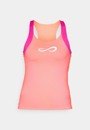 Racerback tank top in gradient shades of coral and pink, with a smooth and stretchy texture. Features a white infinity logo on the front.