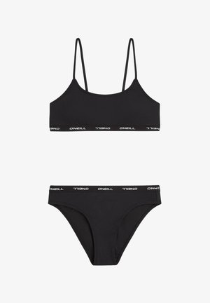 Czarny komplet bikini o sportowym kroju. Góra z cienkimi ramiączkami i elastyczną taśmą z logo "ONeill", zestawiona z pasującymi dołem.