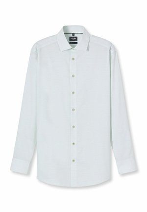 Wit overhemd met lange mouwen, klassieke kraag, zeven knopen aan de voorkant en manchetten aan de mouwen.