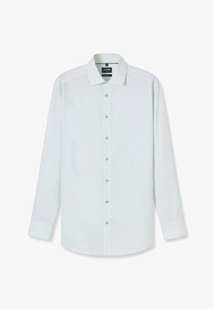 Wit overhemd met lange mouwen, klassieke kraag, zeven knopen aan de voorkant en manchetten aan de mouwen.