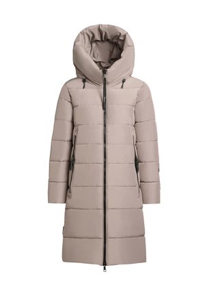 Lichtbeige pufferjas met een grote capuchon, verticale stikpatronen, lange mouwen en twee met rits afgesloten zijzakken. Volledige ritssluiting aan de voorkant.