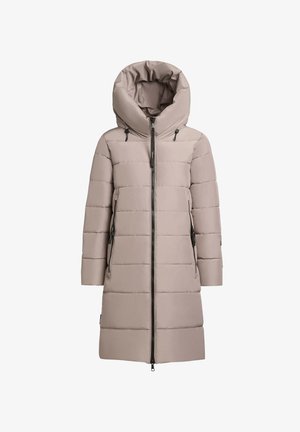 Lichtbeige pufferjas met een grote capuchon, verticale stikpatronen, lange mouwen en twee met rits afgesloten zijzakken. Volledige ritssluiting aan de voorkant.