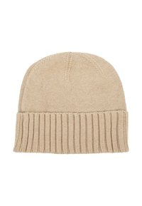 Bézs kötött sapka bordázott, felhajtott szegéllyel. Simább textúrával és lekerekített tetejével rendelkezik, a melegség és kényelem érdekében tervezve.