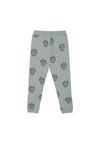 Hellgraue Sweatpants mit einem wiederholten Druck von Cartoon-Affen-Gesichtern, die Hüte tragen. Elastischer Bund und eng anliegende Bündchen an den Knöcheln.
