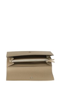 Portafoglio beige realizzato in materiale testurizzato, dotato di chiusura a scatto e scomparto con zip all'interno per una conservazione sicura.