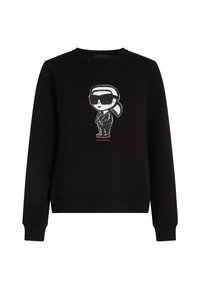Sudadera negra hecha de tela suave, con un gráfico de un personaje de dibujos animados en blanco en el frente, con texto rojo debajo y puños acanalados.