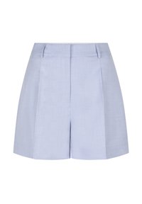 Lichtblauwe op maat gemaakte shorts met een gladde textuur, voorzien van plooien aan de voorkant en een rechte snit. Geen zichtbare hardware of patronen.