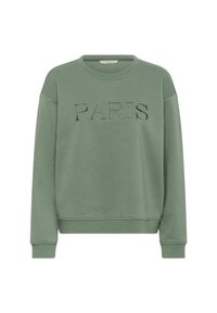 Sweatshirt vert à col rond, épaules tombantes, texte "PARIS" brodé en fil foncé sur le devant, en mélange de coton doux.