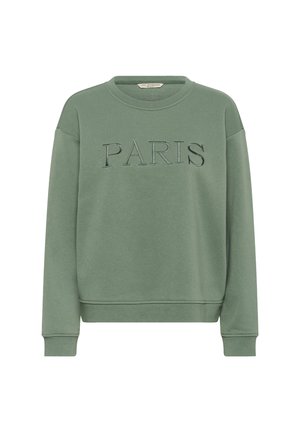 Sweatshirt vert à col rond, épaules tombantes, texte "PARIS" brodé en fil foncé sur le devant, en mélange de coton doux.