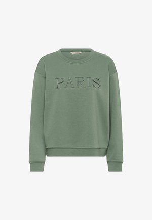Sweatshirt vert à col rond, épaules tombantes, texte "PARIS" brodé en fil foncé sur le devant, en mélange de coton doux.